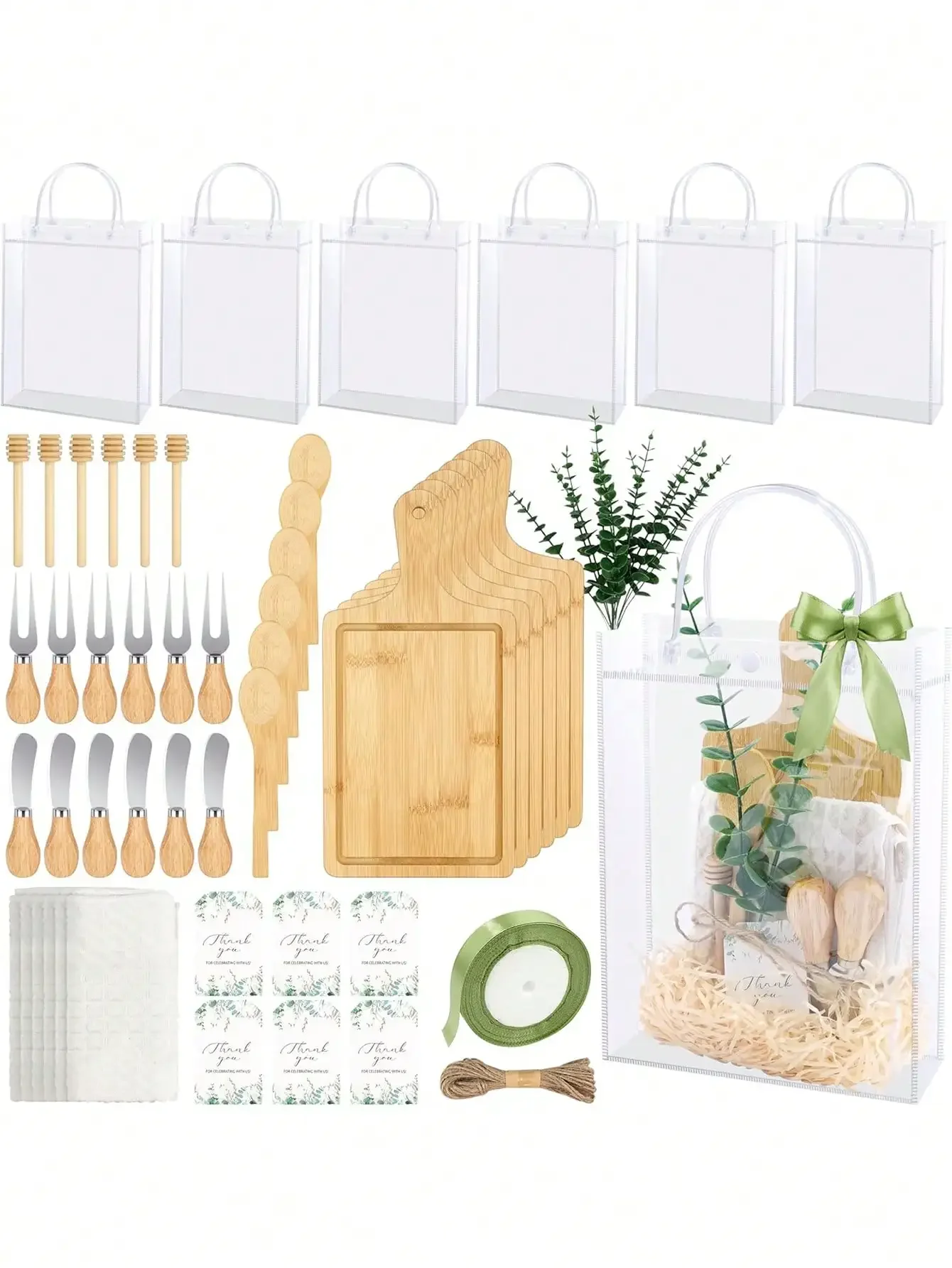 6Sets Baby Shower Prizes For Game Winners Adults- 6 Set Bamboo Cheese Boards With Knives, Forks, Spoons, Towels, Eucalyptus And Gift Bags For Baby Shower Favor Wedding Bridal Shower Prizes Gift