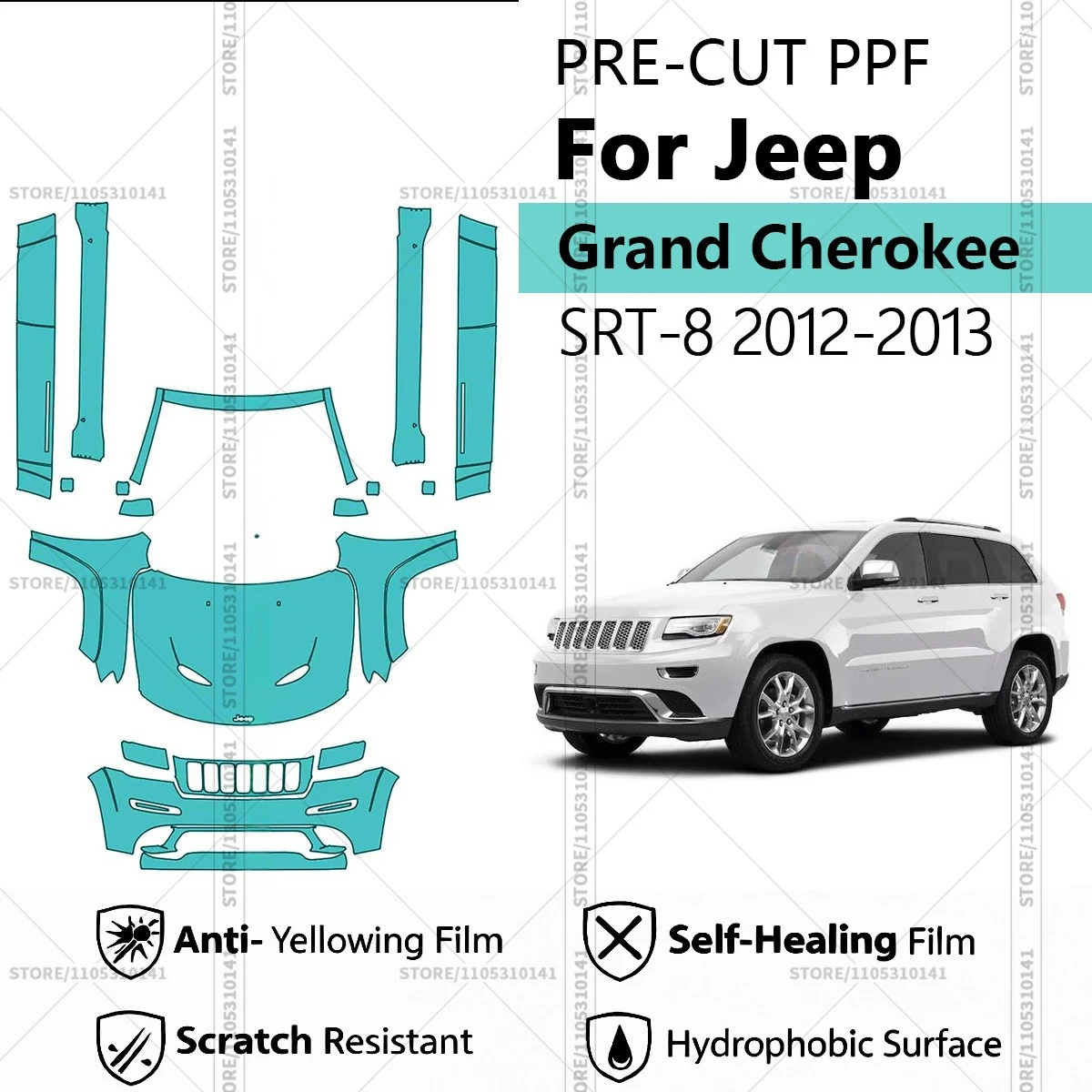 

Предварительно нарезанная прозрачная защитная пленка PPF для автомобиля Jeep Grand Cherokee SRT-8 2012-2013, комплект для передней части - пороги