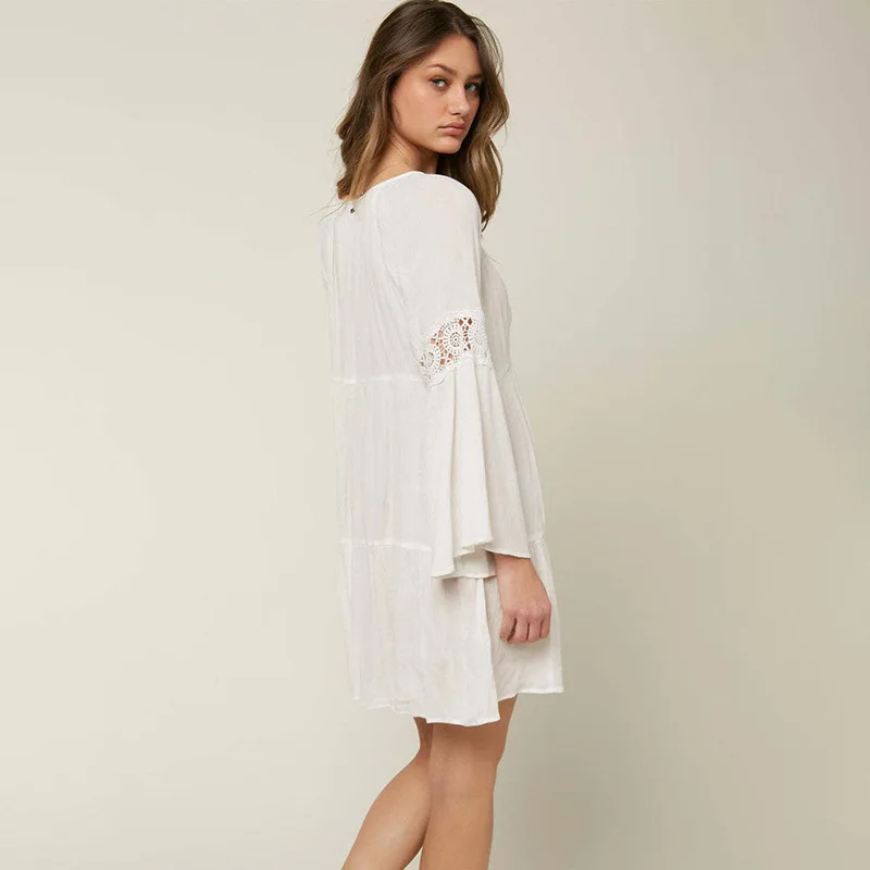 Casual Vacation Bikini Swimsuit Cover-up Dresses For women Boho Beach Flare Sleeve Lace Robe Deep V Neck Summer Dress Vestidos