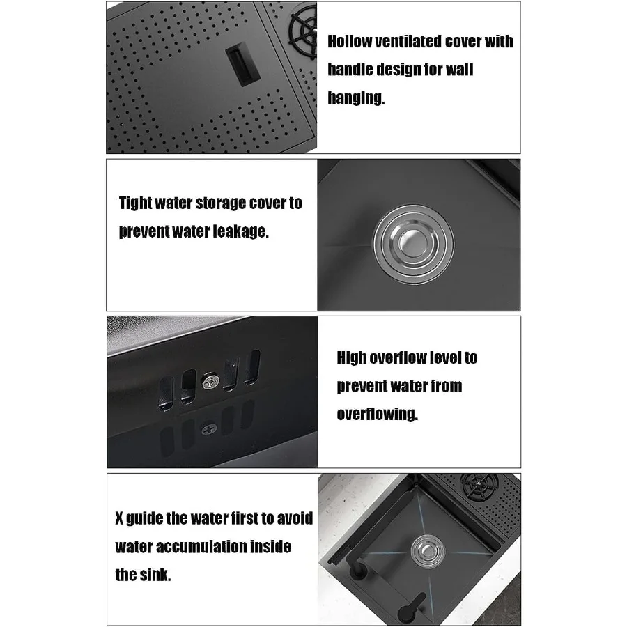 نانو أسود 23 بوصة مخفي المطبخ بار مقهى RV شرفة 304 حوض الفولاذ المقاوم للصدأ مع صنبور لأعلى ولأسفل ومجموعة شطف الزجاج ل