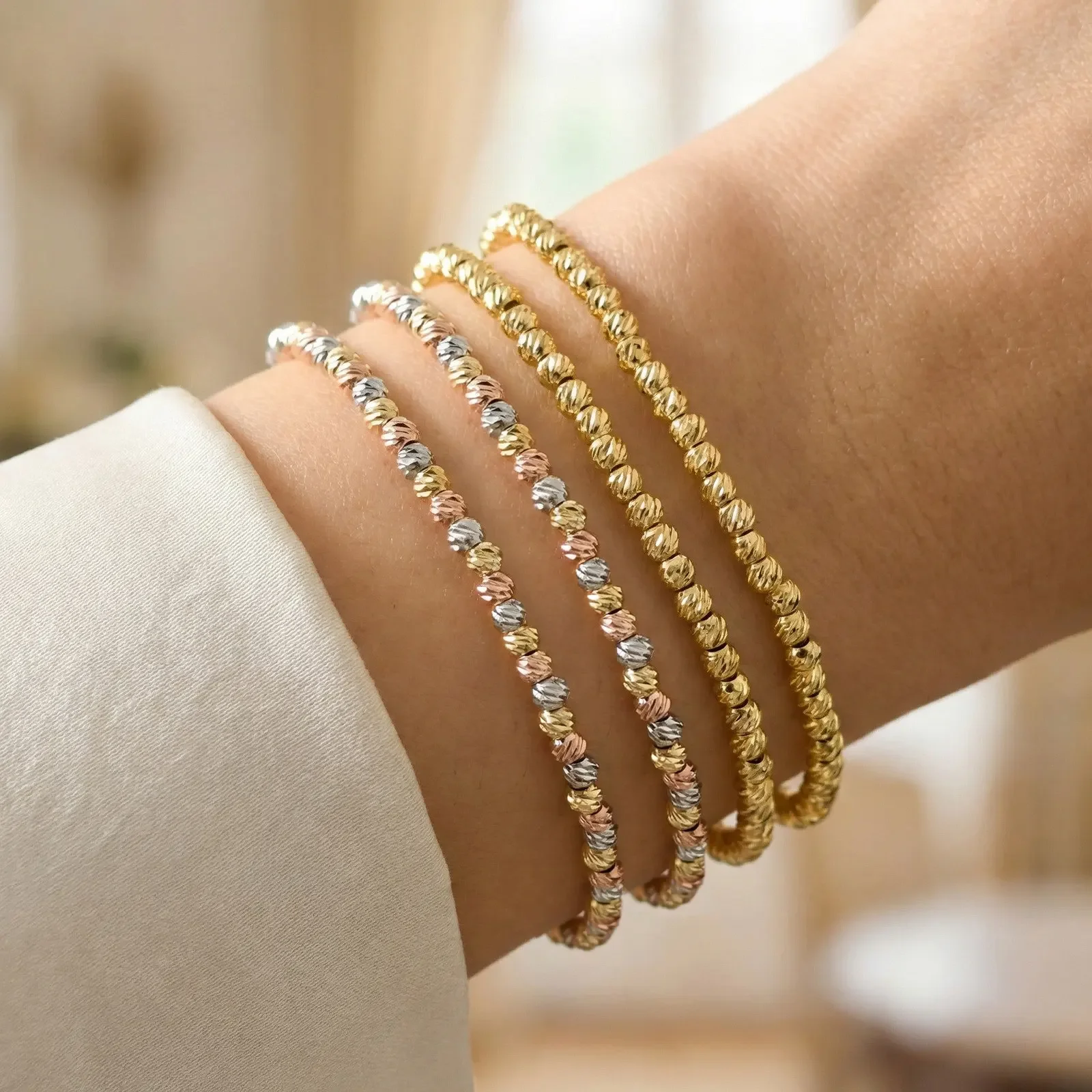 Tri-color Beads Bracelet for Women, Stackable Elastic Stretch Ball Chain, Chic Sparkly Minimalist Daily Wear