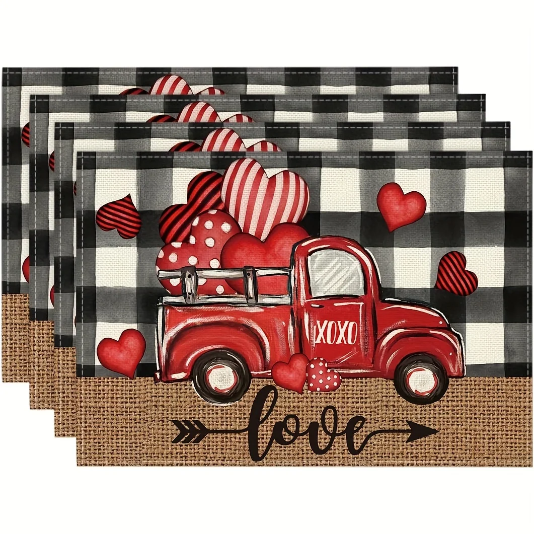 Black Red Buffalo Plaid Checkered Hearts Truck Heat Resistant Washable Table Placemats Kitchen Dining Decor 4 Piece Set