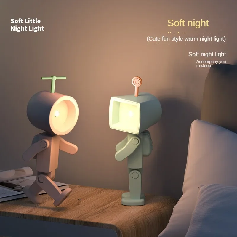 Decorative Wooden Block with Magnetic Space Man Night Light and LED Mini Robot - Ideal for Creating a Cozy Atmosphere