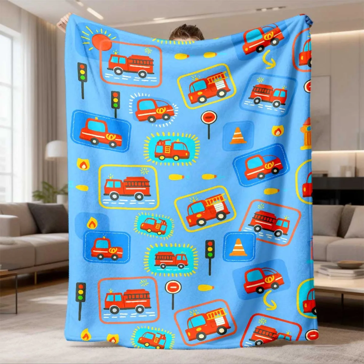 Cute Cartoon Fire Engine Traffic Sign Road Element All Over Print Flannel Blanket Light Cover Children Couch Household Rest Use
