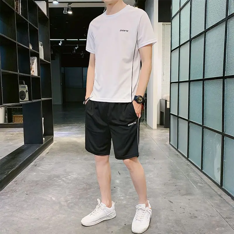 Summer Korean Loose Sports Set Men Solid Embroidery Round Neck Short Sleeve T-shirt Running Casual Elastic Waist Pocket Shorts