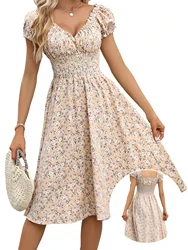 Vintage floral dress with fluffy cuffs and pleated waist cinching, suitable for women's summer beach wear and summer parties