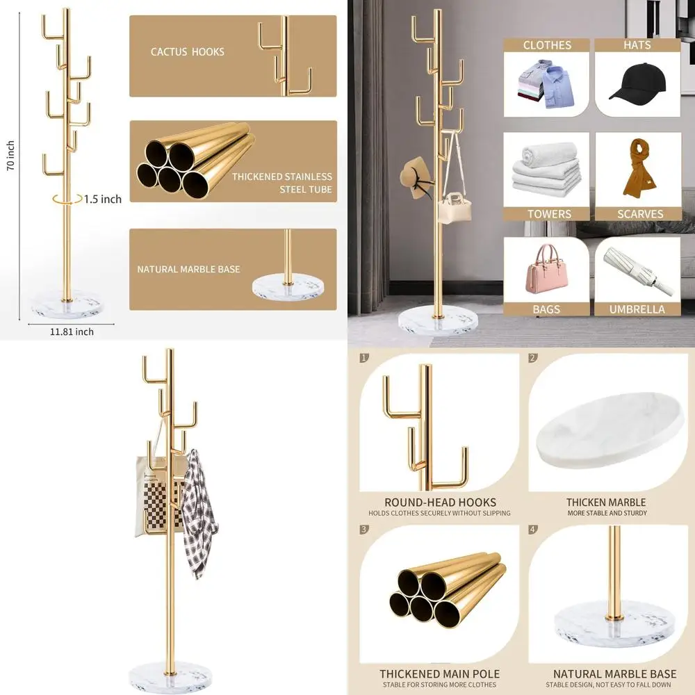 

Прочная золотая вешалка для одежды в форме кактуса с 8 крючками и мраморным основанием для прихожей и офиса