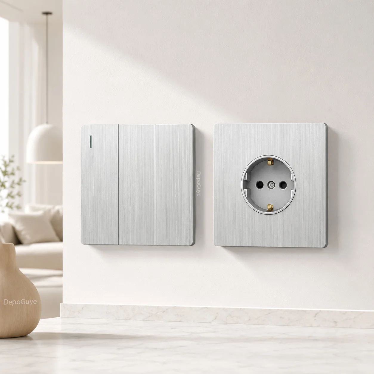 UK Standard Silver-Gray Wall Switch, Universal Dual 3pin Socket, Ultra Thin EU FR Switch 1/2/3/4Gang 1/2Way Button Light Switch image 6
