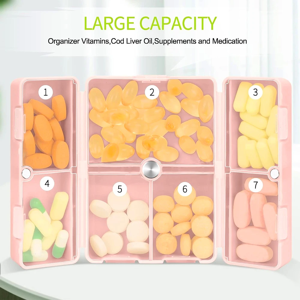 Travel Pill Organizer 7 Compartments Pill Box Pocket Pharmacy for Purse Portable To Hold Vitamins, Medication or Earrings,Screws