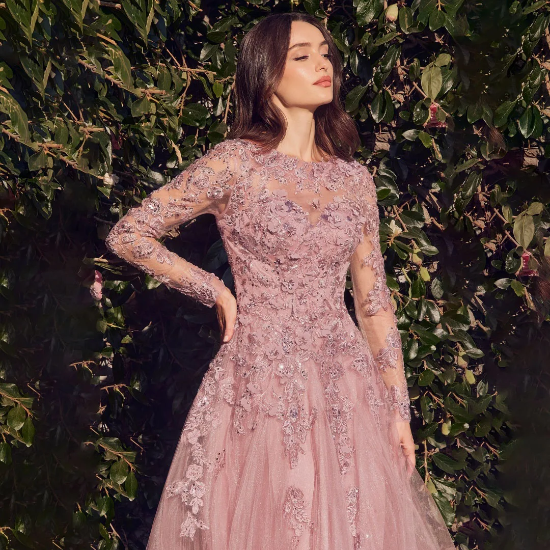 فساتين سهرة أنيقة لامعة بأكمام طويلة ورقبة دائرية زهور ثلاثية الأبعاد مزينة بالدانتيل للحفلات الراقصة للنساء على شكل حرف a بدون ظهر لحفلات الزفاف #4