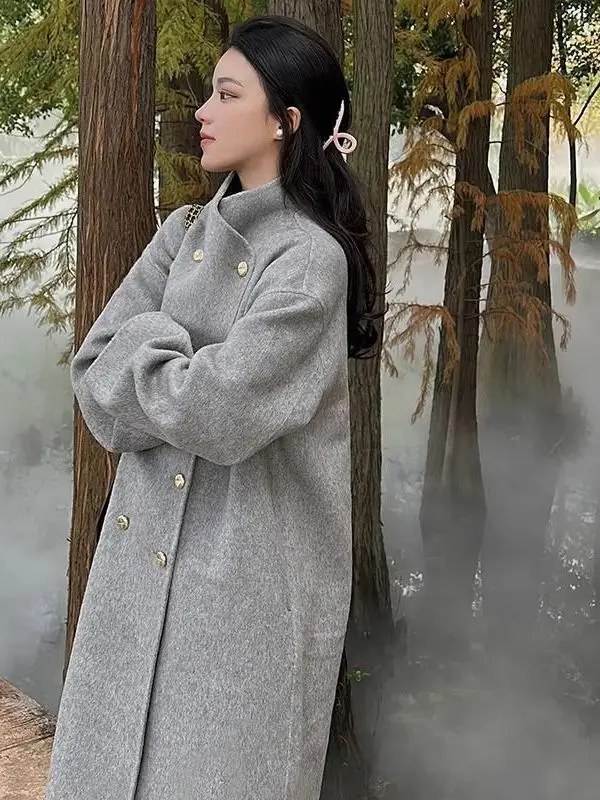 

Женское шерстяное пальто Ele ey, длинное, оверсайз, двубортное, осенне-зимнее, модное, для невысоких, с воротником-стойкой