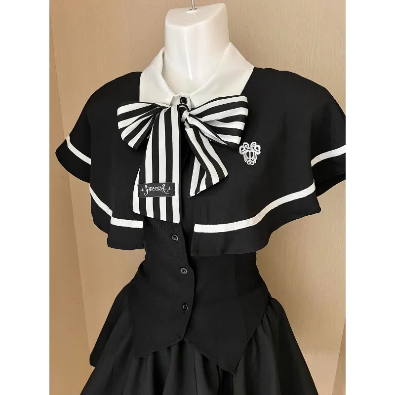 

Униформа в стиле преппи в стиле каваи в стиле пэчворк, женский костюм с милым бантом и шалью + искусственный топ из двух частей + черная короткая юбка, милый комплект из 2 предметов, новый