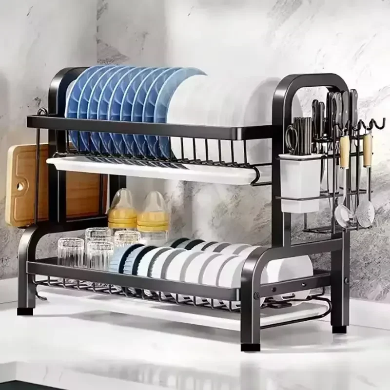 2026 NEW Compact Dish Drying Rack 2-Tier Kitchen Drainboard Set Large Rust-Proof Dish Drainer Utensil Holder127