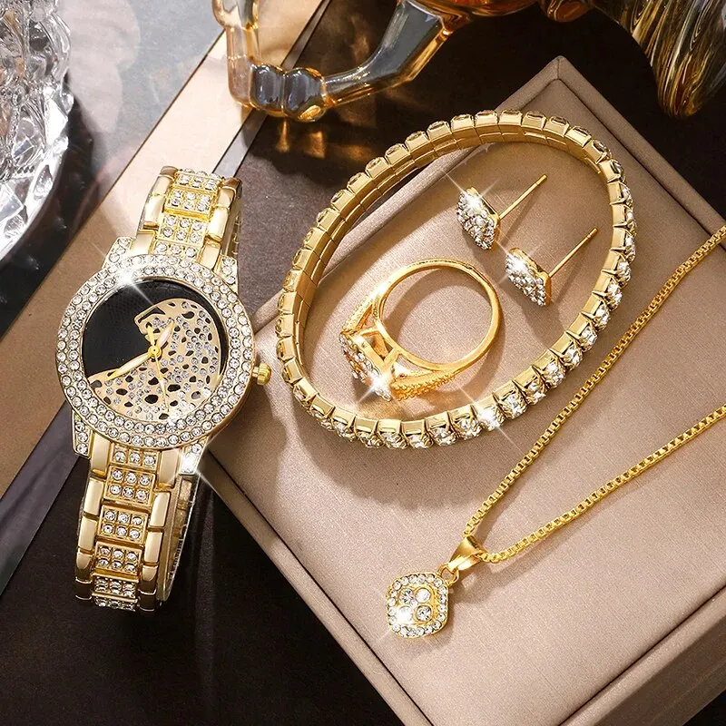 Women Gold Leopard Watch Luxury Fashion Bling Ladies Watches Casual Female Quartz Wristwatch Crystal Diamond For Women Set Clock