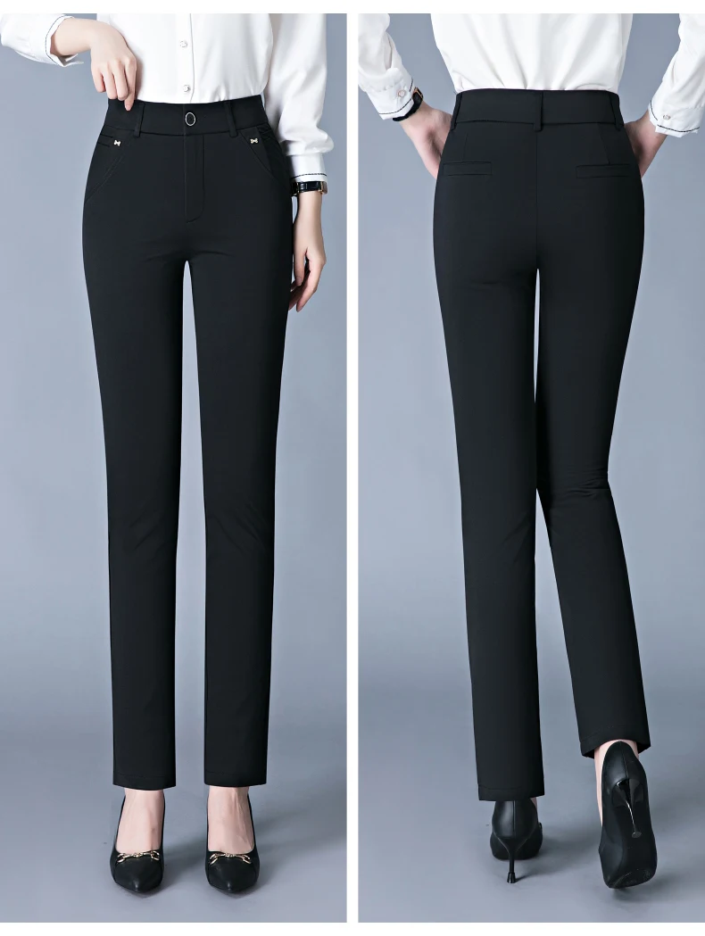 7XL Spring Autumn Casual Button Elastic Mid Waist Black&Navy Blue Straight Trousers Office Lady Quick Drying Suit Pants Female