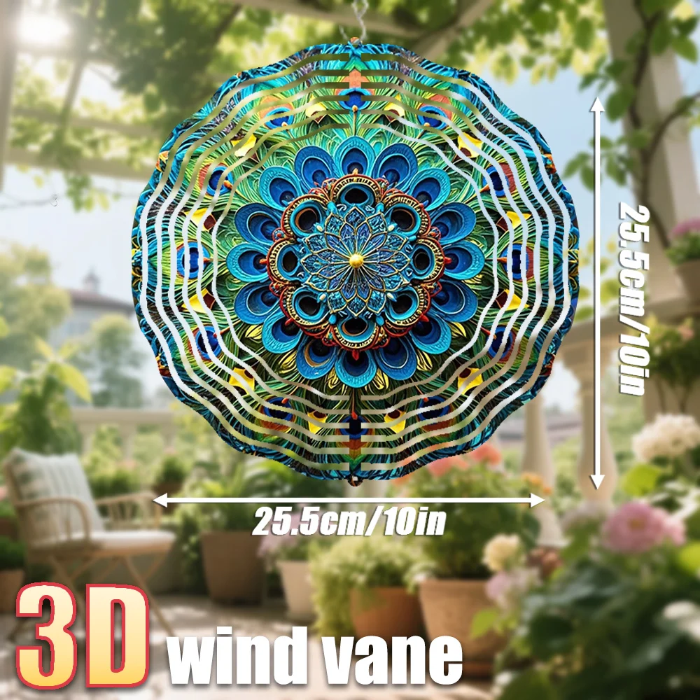 3D Peacock Feather Mandala Wind Spinner - 10 Inch Double Sided Metal Art with 360 Swivel Hook for Garden Lawn Decor Gift