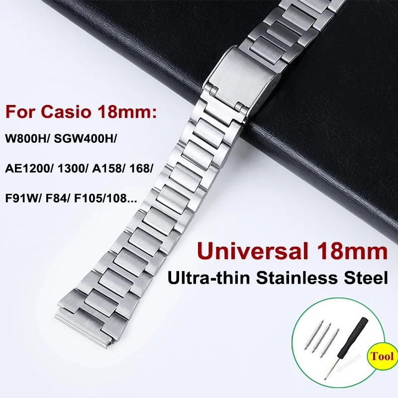 Cinturino universale per orologio 18mm per Casio W800h AE1200 F91W cinturino in acciaio inossidabile cinturino in metallo ultrasottile con fibbia