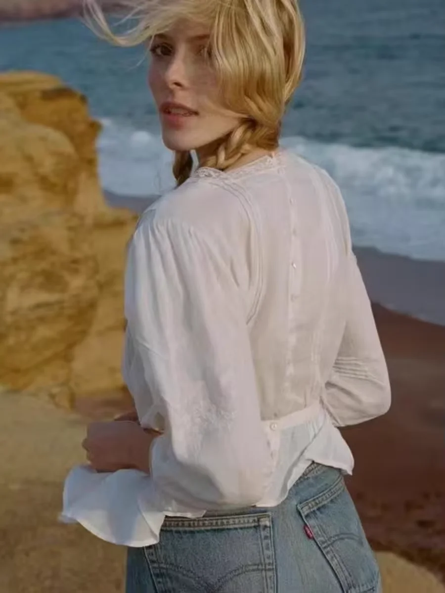 

Heavy Embroidery Women White Blouse Top Lace Patchwork Square Collar Long Sleeve Single Breasted Casual 100% Ramie Shirt