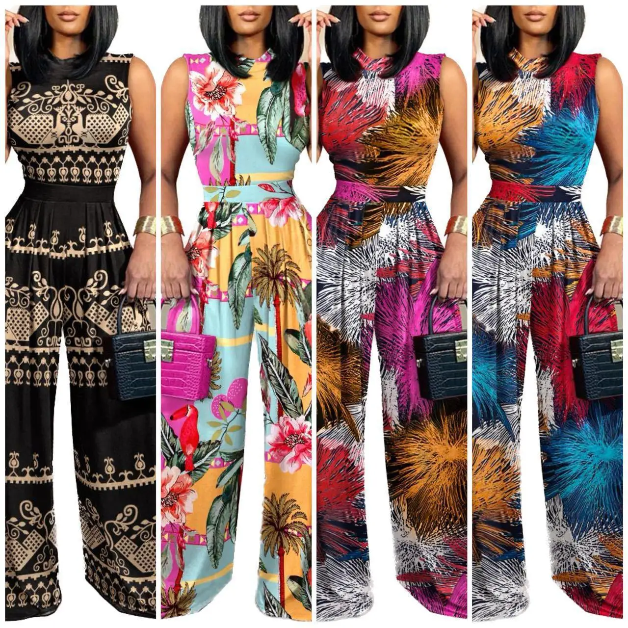 

Straight Simple Printed Jumpsuit Slimming Pants Women's Faion Summer mid Waist Nine Points Lycra Fabric Ladies Suit