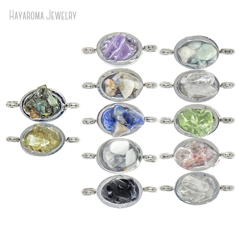 

10Pcs Silver Plated Metal Amethyst Crystal Semi-precious Stone Amazonite White Jade Wholesale Geometric Oval Copper Connector