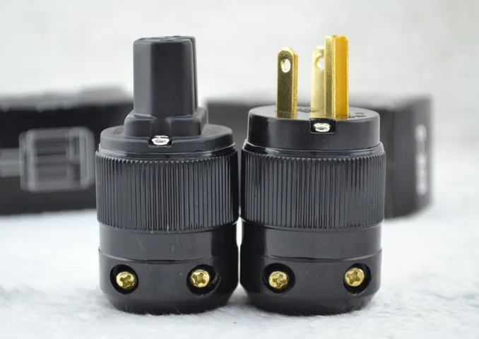 Pair 24K Gold Plated P320 US Power Plug Connector+C320 IEC Female HIFI DIY