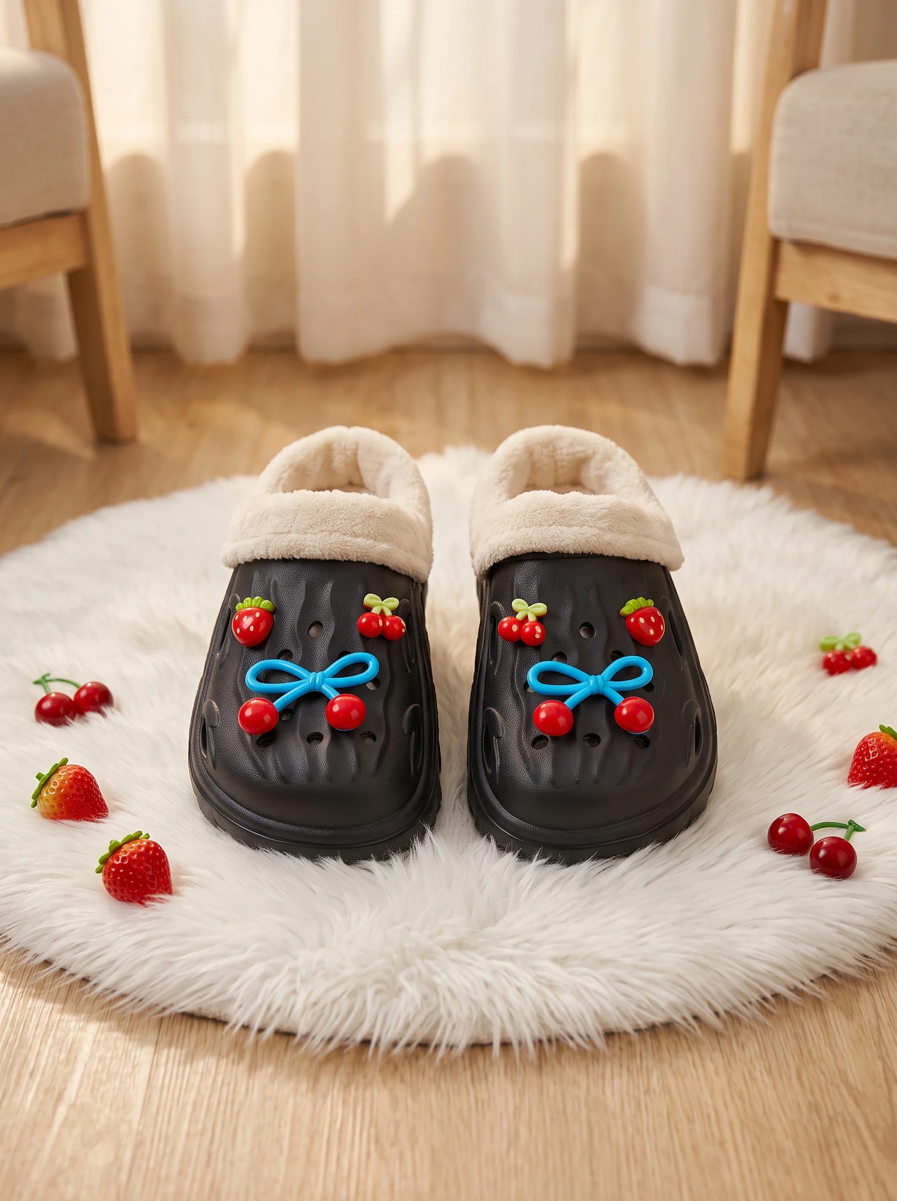 Girls' Winter Fleece-Lined Clog Slippers with Cute Cherry, Strawberry, and Bow Accessories, Thick-Soled Non-Slip EVA Plush Warm Indoor Cotton Slippers for Toddlers