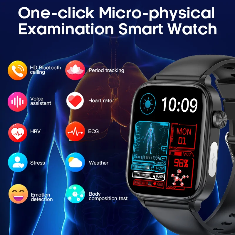 

Смарт-часы с Bluetooth ECG + HRV для мужчин и женщин, мониторинг сердечного ритма, сна, микрофизический экзамен, состава тела