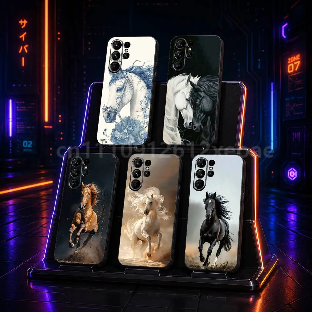 White Black Horses Galloping Black Silicone TPU Case For Samsung Galaxy S25 S23 S21 S20 S22 S24 S26 S30 Plus Ultra