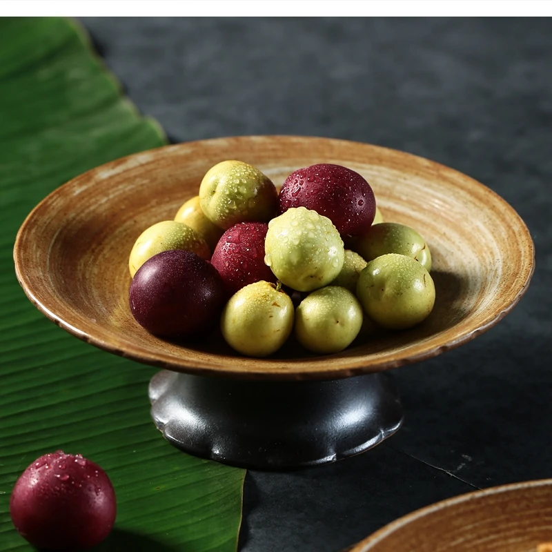 Japanese-style stoneware fruit salad plate retro living room high-foot snack household handmade tableware dessert