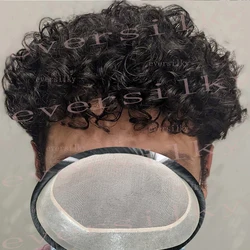 Loiro Preto Curly Toupee para Homens, Super Durável, Respirável Renda Mono Fina, Unidade PU, 100% Sistema de Cabelo Humano, Peruca Masculina, Prótese, 20mm