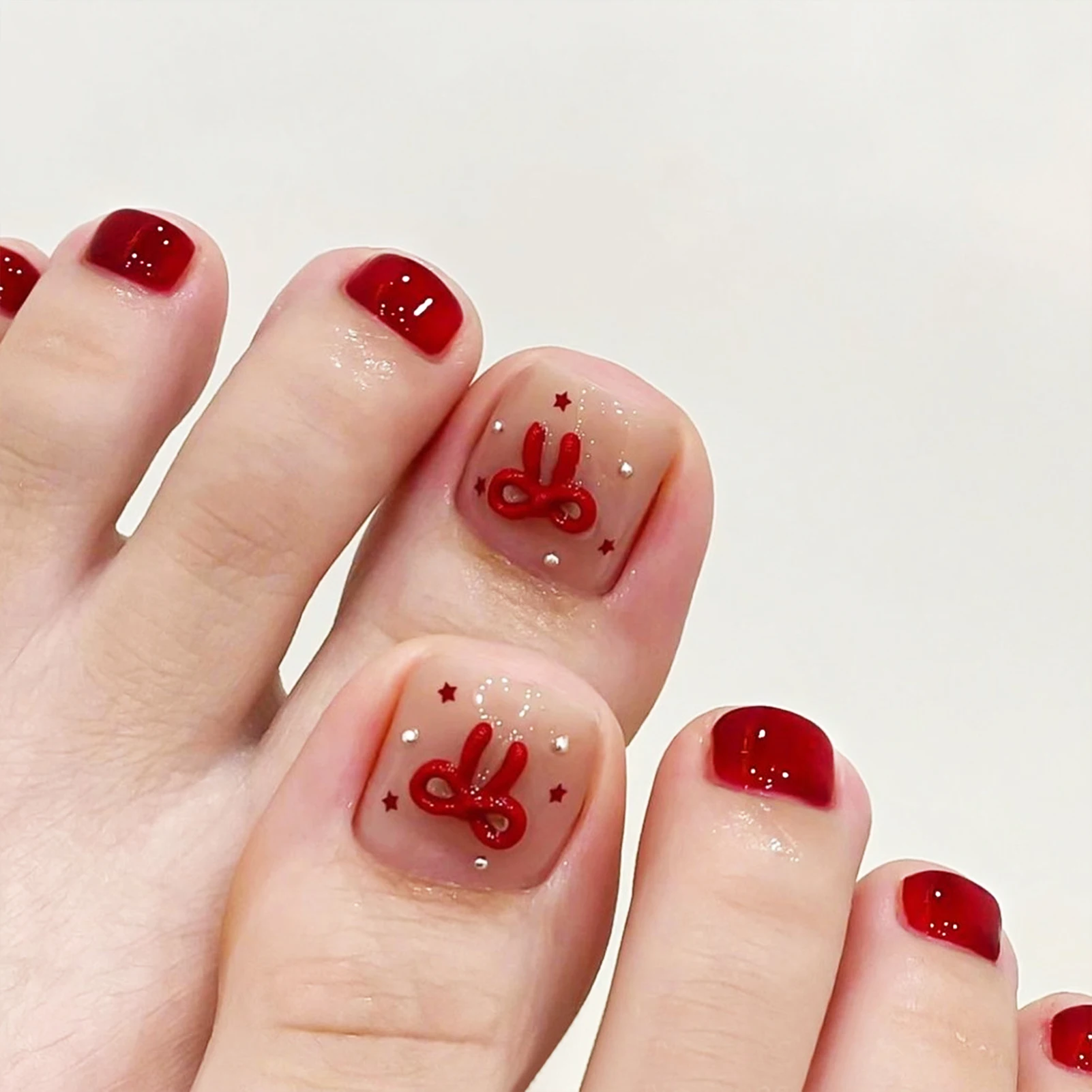 Nude Pink Color Fake Toenails 24Pcs Simple Charm Press On Toes Nails Flower Printed White French Tip Reusable False Nails view 4