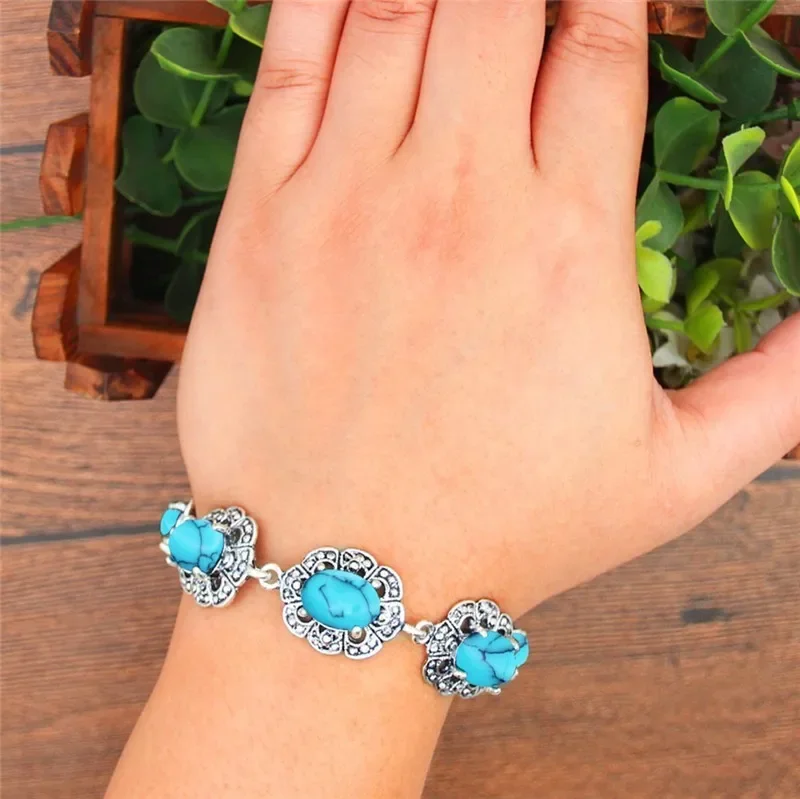 Oval Blue Stone Bracelet Plum Flower Design Vintage Look Antique Silver Plated Fashion Jewelry TB335