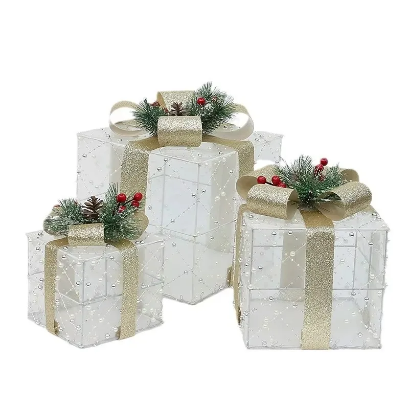 Lighted White Flocked Iron Christmas Gift Boxes 3Pcs, Semi-transparent Fabric Stackable Holiday Decor