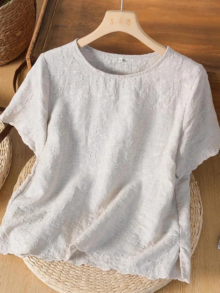 

Элитный льняной вышитый топ-футболка для женщин, летний, художественный, простой, однотонный, из хлопка и льна, без рукавов