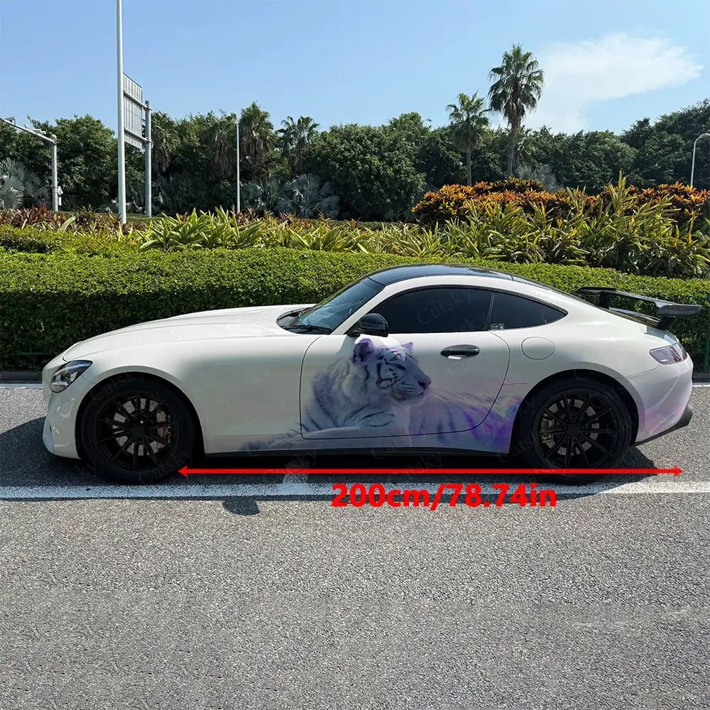 2pcs Aurora Shading White Tiger Car Side Wraps, Self-Adhesive PVC Waterproof & Scratch-Resistant Stickers, Car Accessory Gift