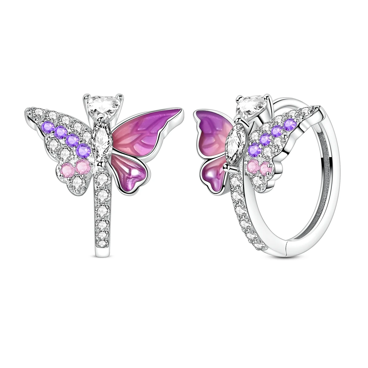 925 Sterling Silver Pink Butterfly Sparkling Hoop Earring for Woman Girl Party Anniversary Fashion Jewelry Gift