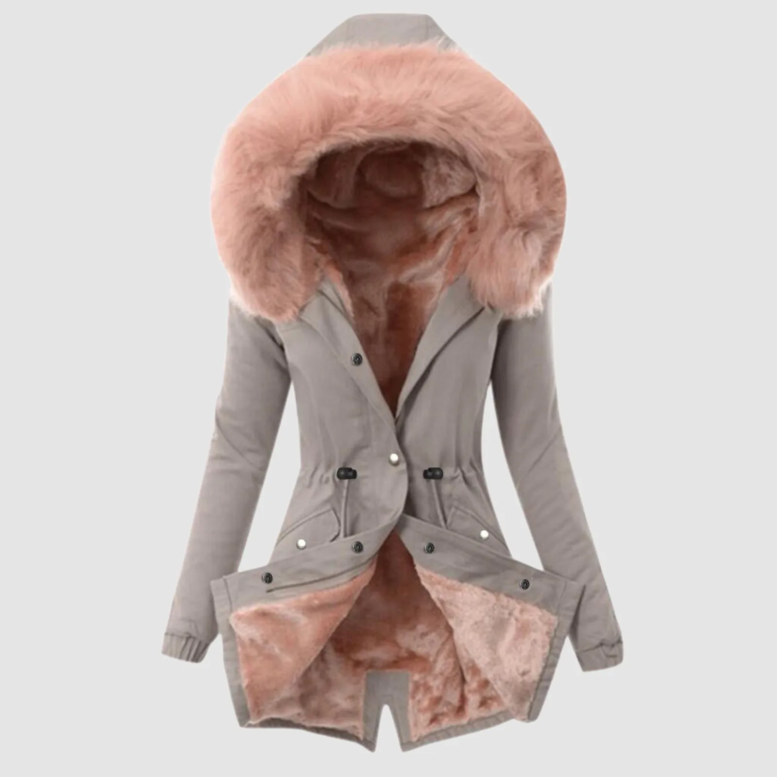 Plus Size Winter Hooded Long Sleeve Coat Vintage Thicken Warm Padded Jacket Women Winter Big Fur Collar Fleece Liner Outerwear