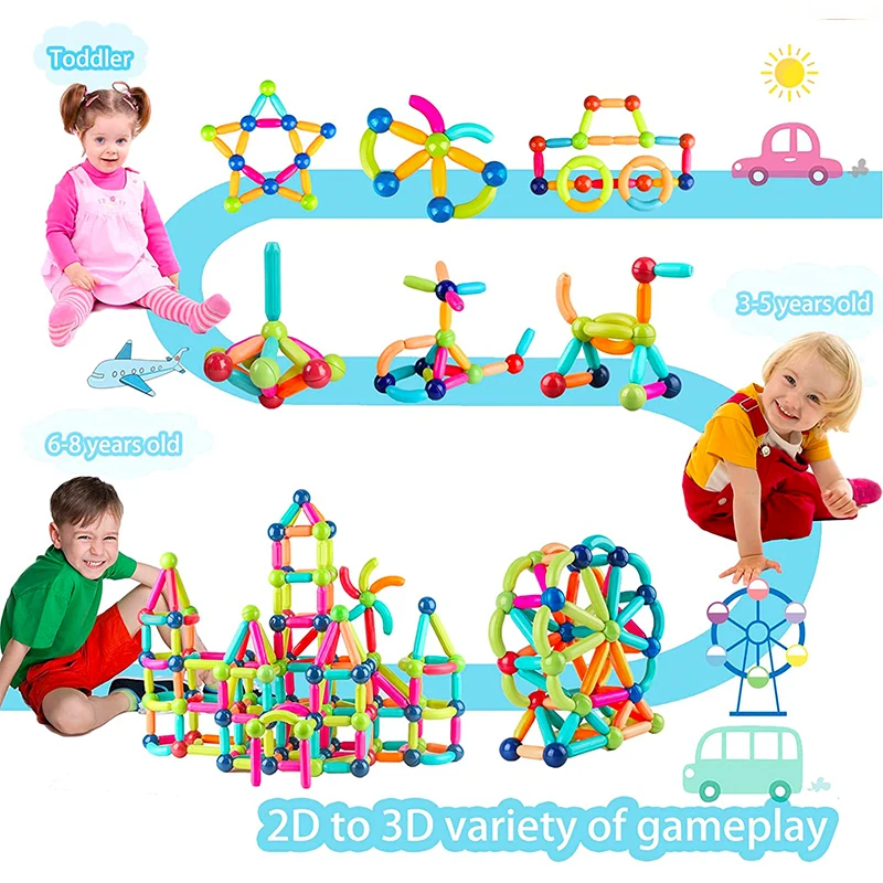 مجموعة مكعبات منشئ مغناطيسية ألعاب للأطفال ألعاب تعليمية مونتيسوري قضيب عصا مغناطيسي للأطفال الأولاد والبنات هدية الكريسماس