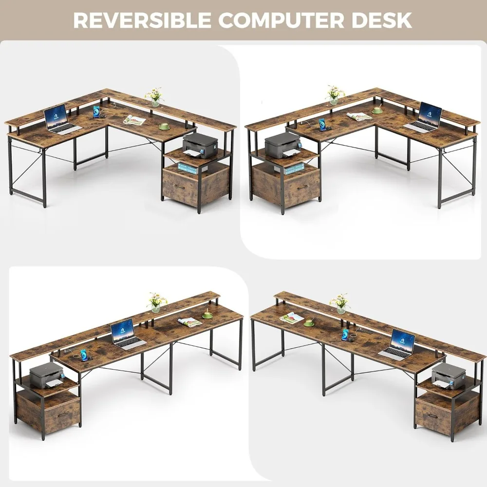 Computer Desk with File Drawer, 64" L Shaped Desk with Power Outlet & LED Strip, L Shaped Corner Desk with File Cabinet, Home O