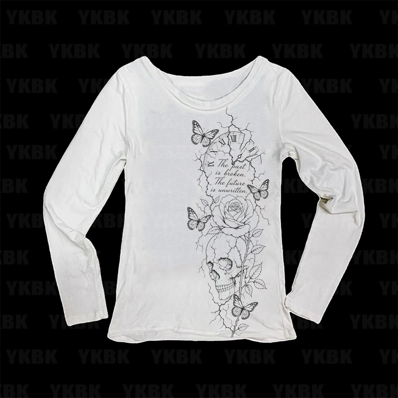 Y2K Gothic Grunge Skull Rose Butterfly Clock Slogan Print Women Long Sleeve T-Shirt O-Neck Slim Fit Graphic Casual Tops
