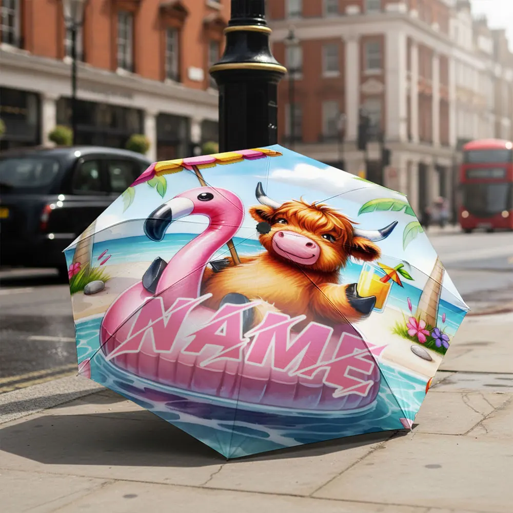 Custom Name umbrella, Cute Bull on Flamingo Pool Float with Cocktail Print Fashion Folding Umbrella for Sunny and Rainy Days