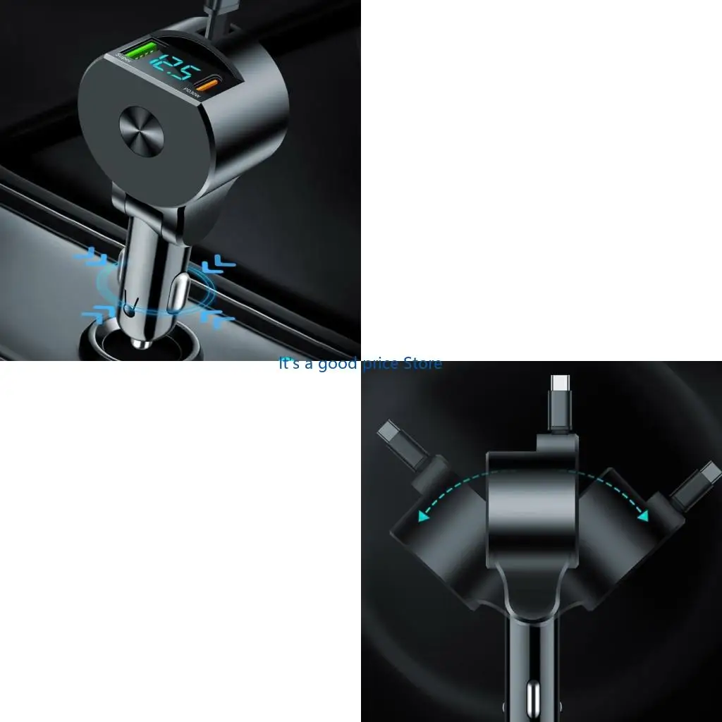  Multifunctional Car Charging Adapter with Triple Output Extendable Type C Cable