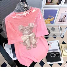 T-Shirt in cotone rosa dolce pesante fatto a mano Diomand Shiny Bowknot Bear Cartoon Graphic T Shirt Summer Tees Top accessori vestiti