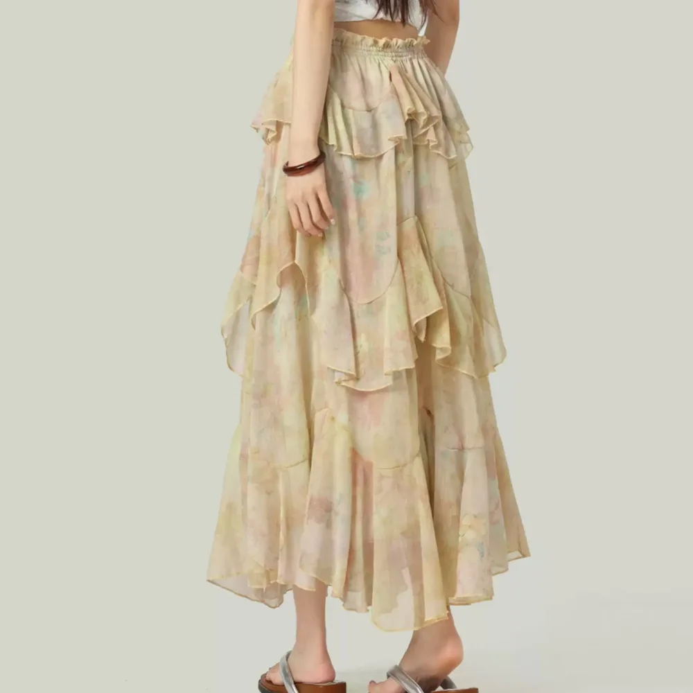 Fashion Floral Printing Stacked Decoration Irregular Hem Skirt Women's Bohemia Style Casual Daily Versatile A-line Ruffles Skirt