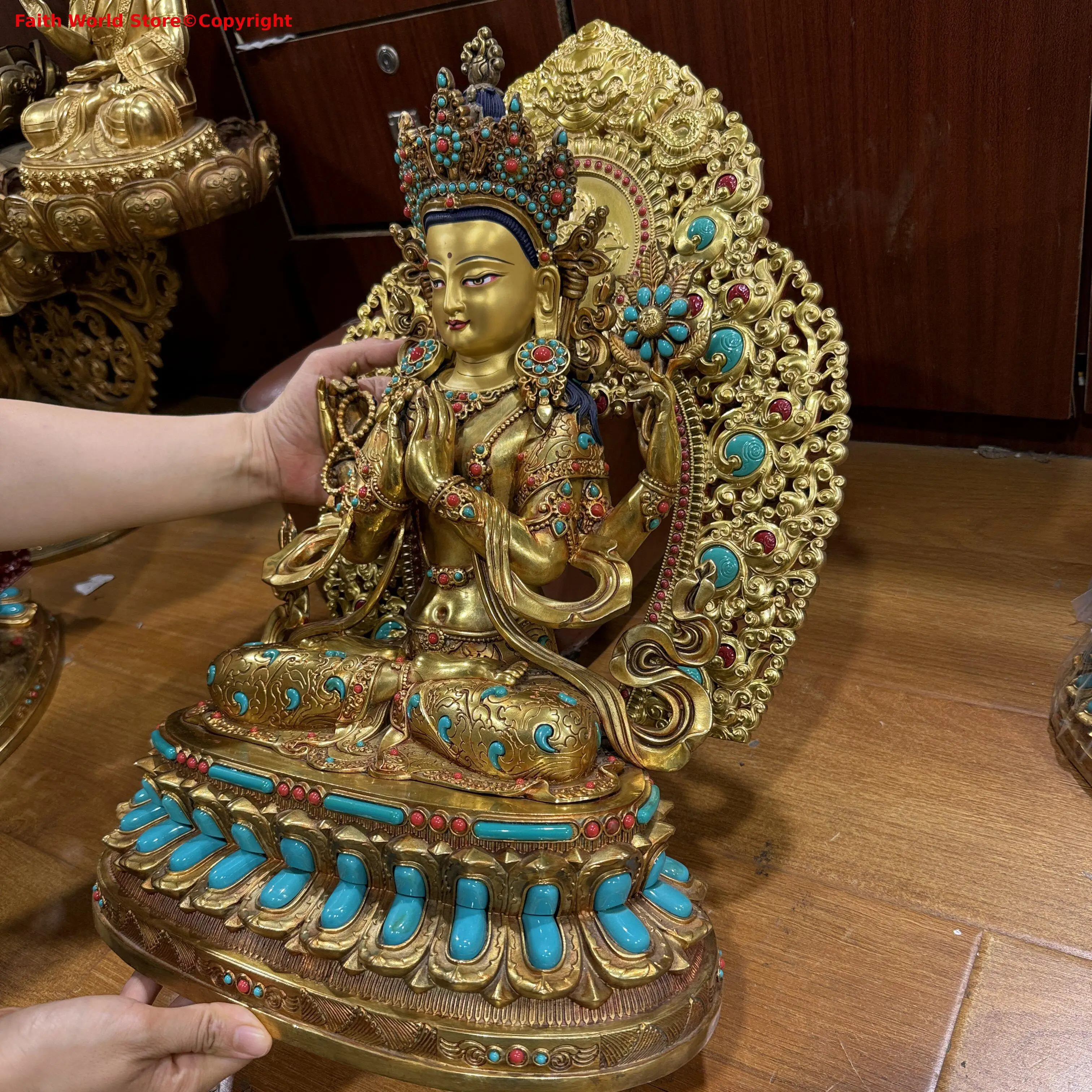 large 49cm Exquisite Gemstone green Buddha statue HALL offering copper carving Four armed-Guanyin temple monk enshrine Buddha