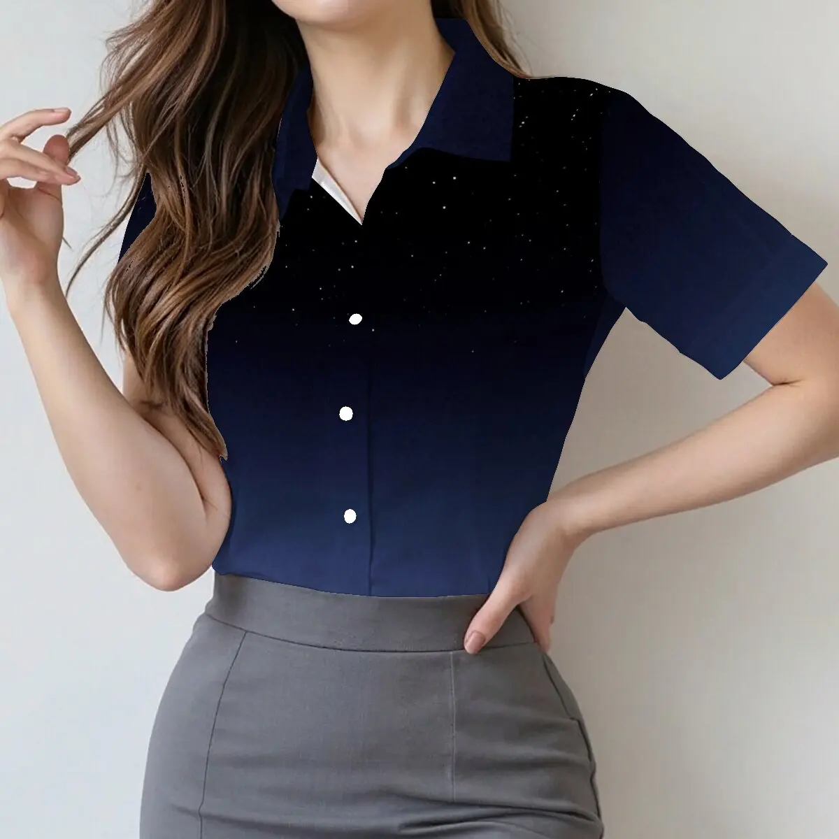 

Women's Single-Breasted ShirtGradient Starry Sky Short-Sleeve TopElegant, Exquisite, Classic & CalmWorkplace Commute Style