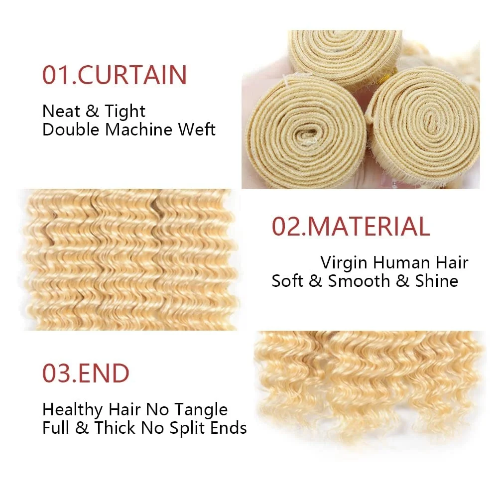 613 Blonde Deep Wave Human Hair Bundles Blonde 613 Human Hair Deep Wave Bundles 16 18 20 Inch Double Weft Brazilian Remy Extensions