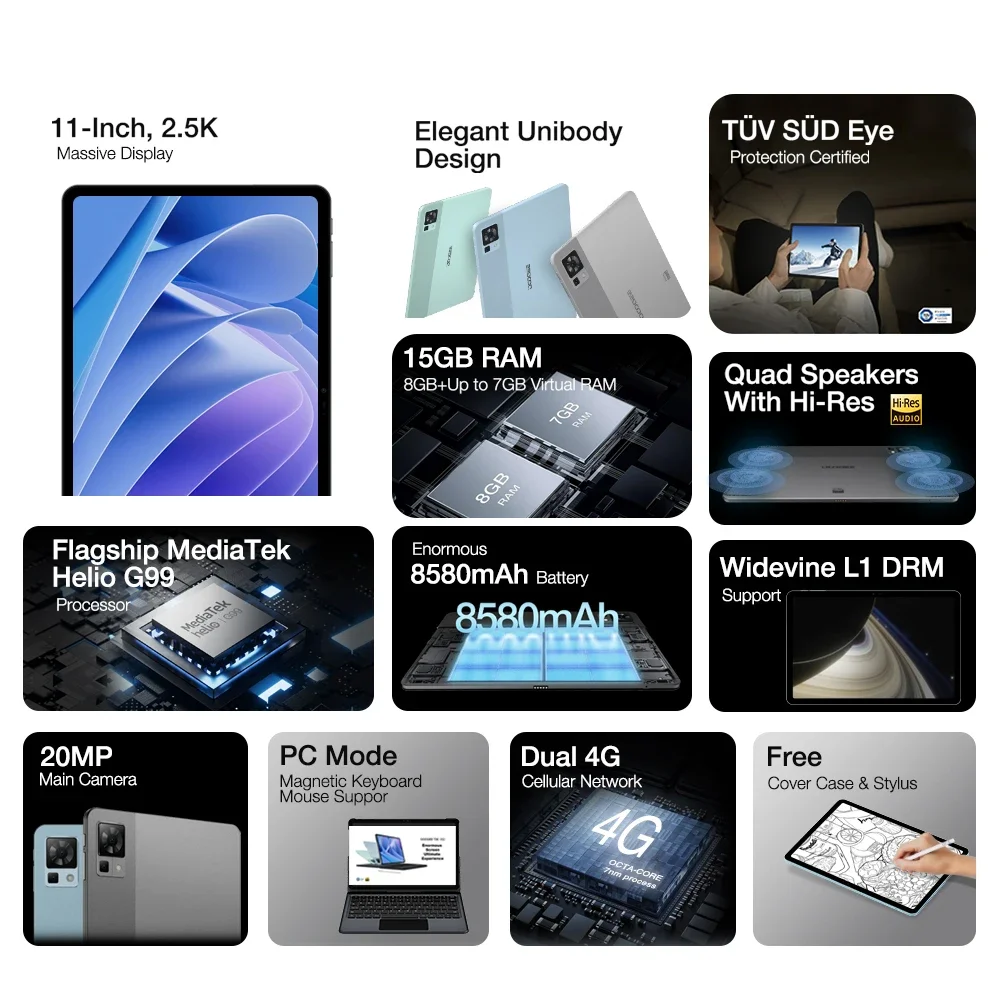 Doogee t30 pro tablet 11 zoll helio g99 2,5 k tüv zertifiziert 8gb ram 256gb rom pad 20mp haupt kamera 8580mah android 13 tablet pc