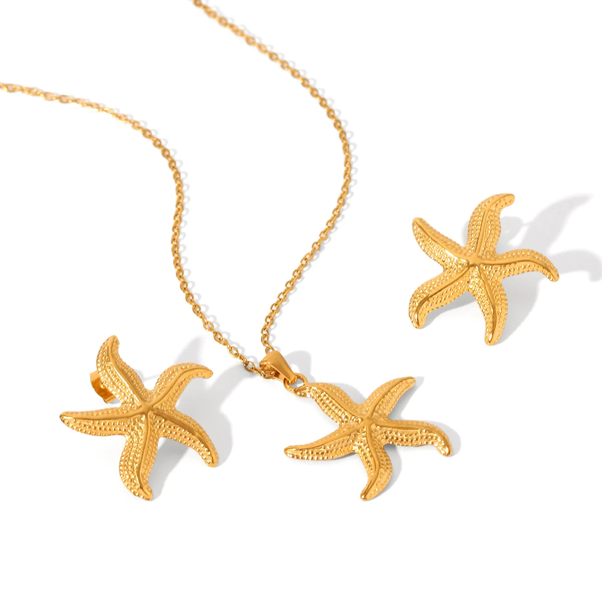 1Pc/3Pcs Huangchao Stainless Steel Starfish Pendant Necklace Stud Earrings for Women, 18K Gold Plated Summer Jewelry Accessories