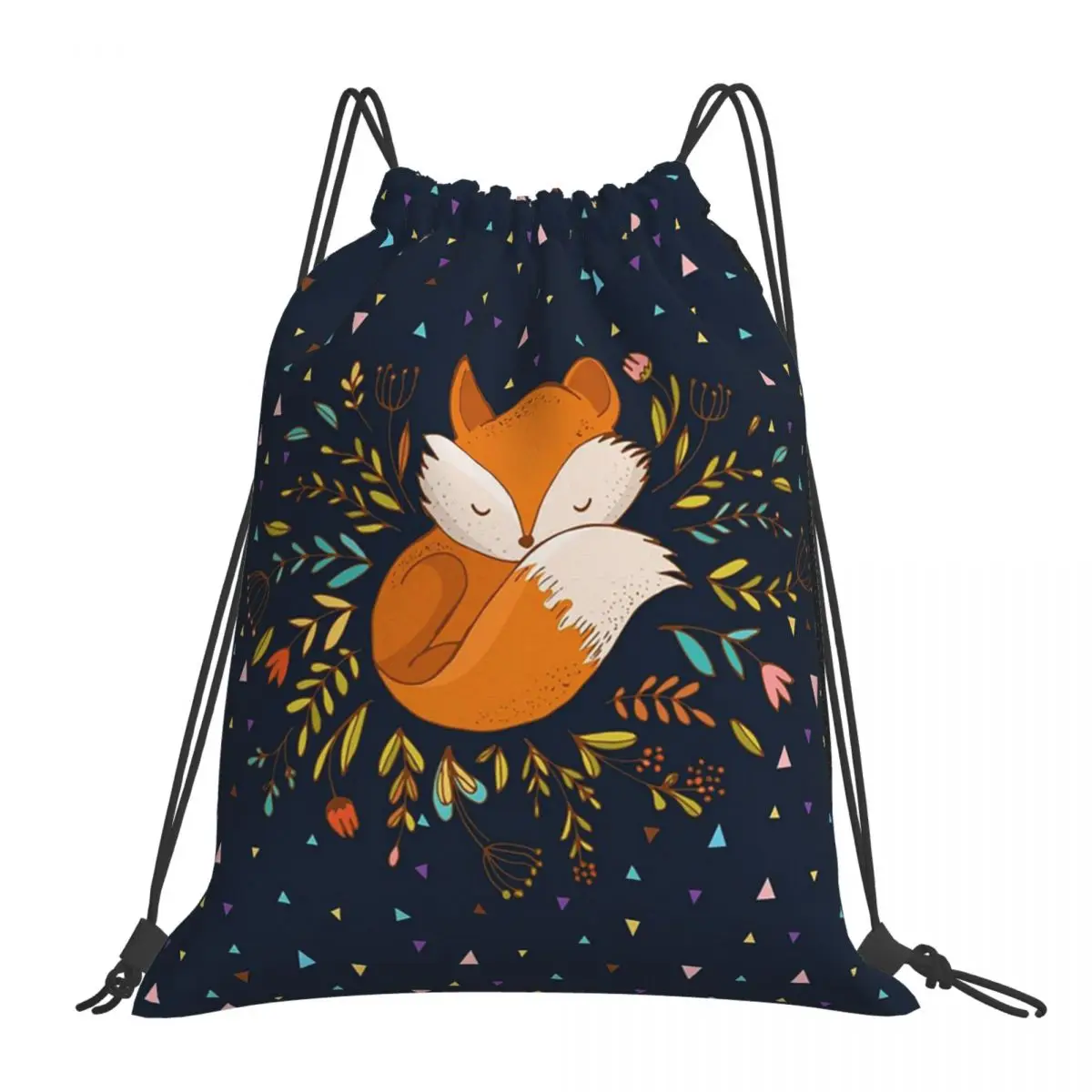 Mochila con cordón para hombre y mujer, bolsa de almacenamiento con diseño de zorro, flores y triángulos, bolsillo para libros, escuela